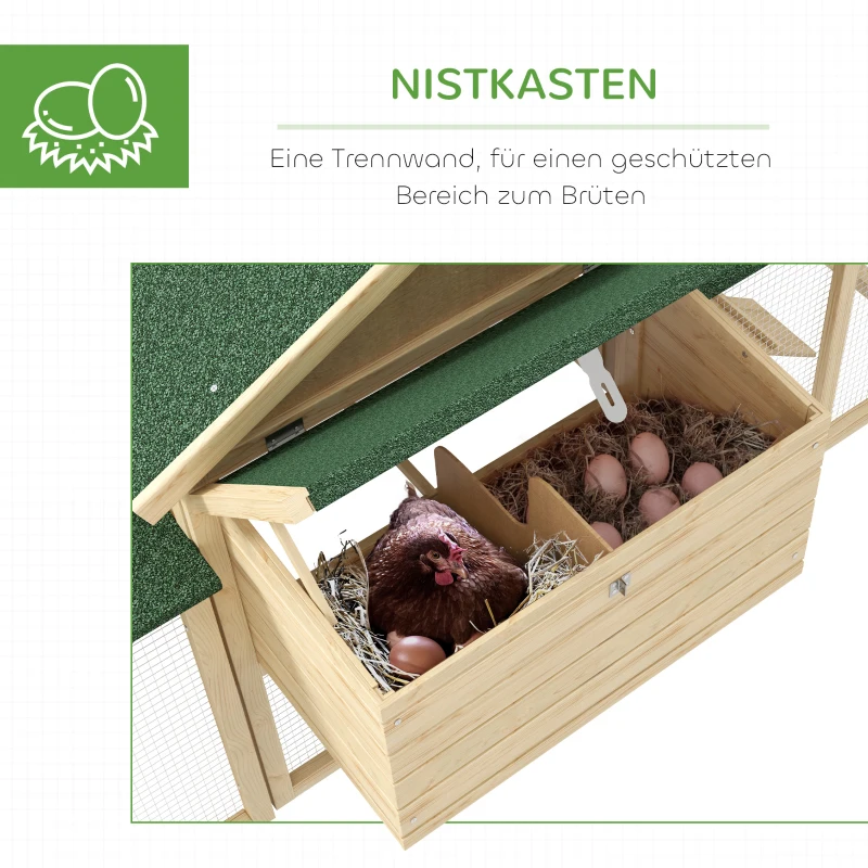 PawHut Hühnerstall mit Freigehege, inkl. Nistkasten, Rampe und Bodenwanne Tannenholz Naturholz(m-6)