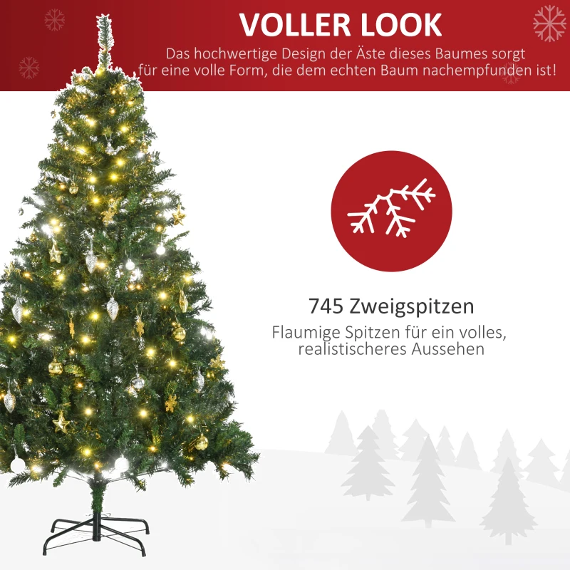 HOMCOM Künstlicher Weihnachtsbaum 180 cm künstlich Tannenbaum mit LED Beleuchtung, Kugeln, Christbaum mit 745 Spitzen, Weihnachtsdeko inkl. Metallständer für Drinnen