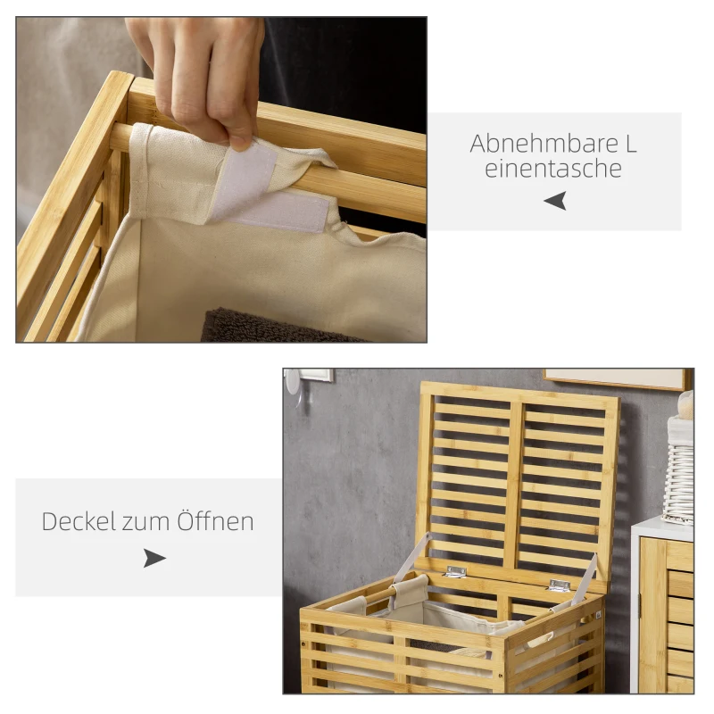 HOMCOM Bamboe Wasmand 63 L met Deksel en Uitneembare Waszak, Stok 44 x 37 x 62,5 cm in Natuurhout