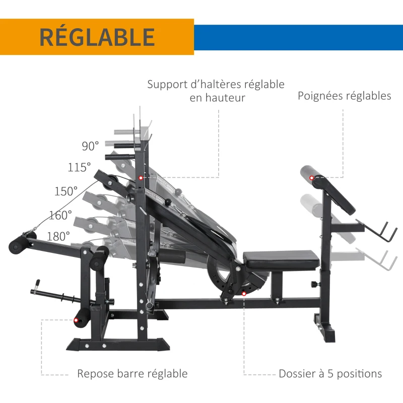 HOMCOM Banc de musculation multifonction réglable - pupitre à biceps, repose barre curl, poignées à Dips, module extension bras jambes, résistance horizontale - acier noir