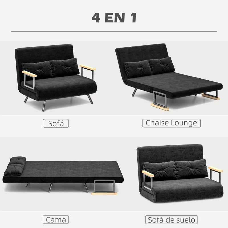 HOMCOM Sofá Cama Convertible 3 en 1 Sillón Cama 2 Plazas Plegable Respaldo Ajustable de 5 Niveles Almohadas 102x73x81cm Negro(m-4)