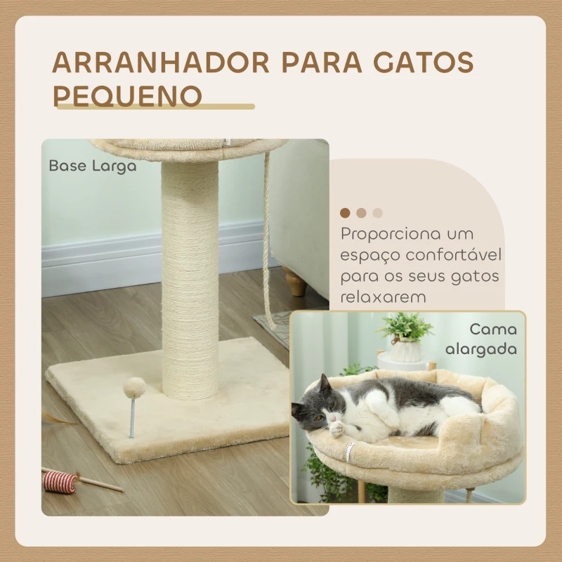 PawHut Arranhador para Gatos de 2 Níveis com Plataforma Bola com Mola Corda Suspensa e Poste de Sisal 55x55x83 cm Bege