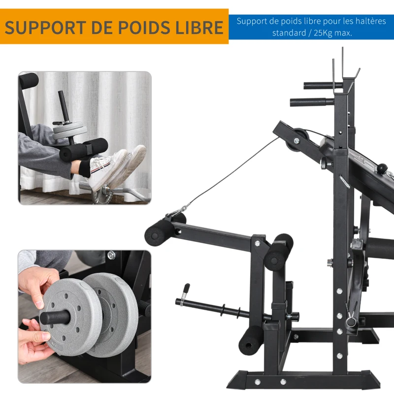 HOMCOM Banc de musculation multifonction réglable - pupitre à biceps, repose barre curl, poignées à Dips, module extension bras jambes, résistance horizontale - acier noir