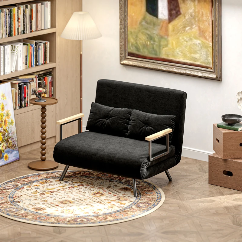 HOMCOM Sofá Cama Convertible 3 en 1 Sillón Cama 2 Plazas Plegable Respaldo Ajustable de 5 Niveles Almohadas 102x73x81cm Negro(m-10)