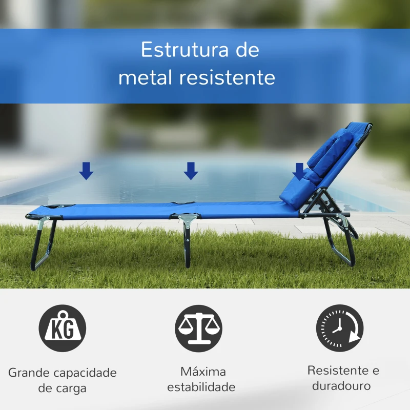 Outsunny Espreguiçadeira Dobrável com Encosto Ajustável em 4 Posições Espreguiçadeira de Jardim com Almofada Estrutura de Aço Tecido Oxford para Acampamento Praia Terraço 190x56x28cm Azul