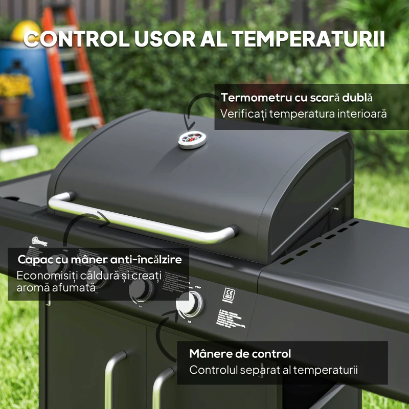 Outsunny Grătar pe Gaz cu Dulăpior, Capac, Măsuță Laterală și Tavă de Colectare a Grăsimii, 129,5x56x110 cm, Negru