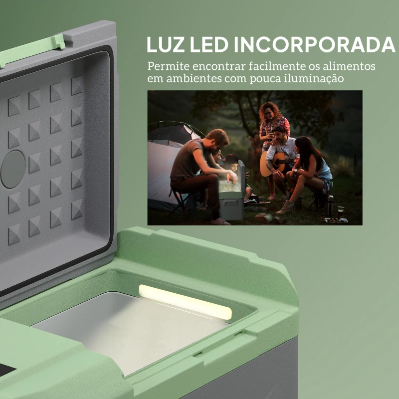 Outsunny Geleira Portátil Elétrica 24,2L -20℃ a +20 ℃ 12V/24V Mini Geleira com Rodas Compressor e Ecrã LED Tátil 60,2x33,4x41,4 cm Cinza e Verde
