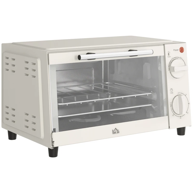 HOMCOM Mini Oven, 9L Countertop Electric Grill, Toaster Oven with Adjustable Temperature, Timer, Dishwasher Safe Baking Tray and Wire Rack, 750W, Cream