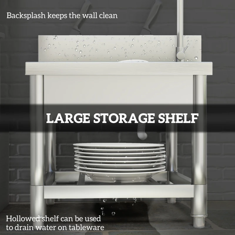 HOMCOM Outdoor Utility Sink, Stainless Steel Free Standing Single Bowl Kitchen Sink with Cold and Hot Water Pipe and Storage Shelf for Laundry Garage, 55 x 50 x 100 cm