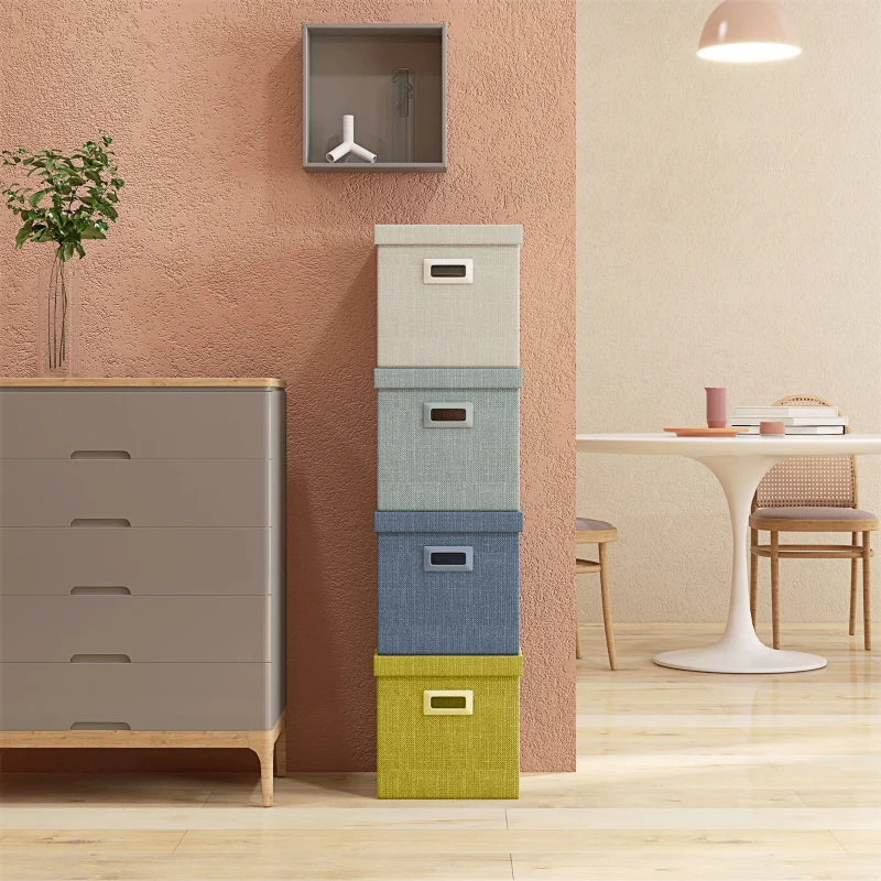 HOMCOM Set de 4 Cutii pentru Dulap din Țesătură cu Capac, Organizator Pliabil pentru Dulap, 30x30x29 cm, Multicolor