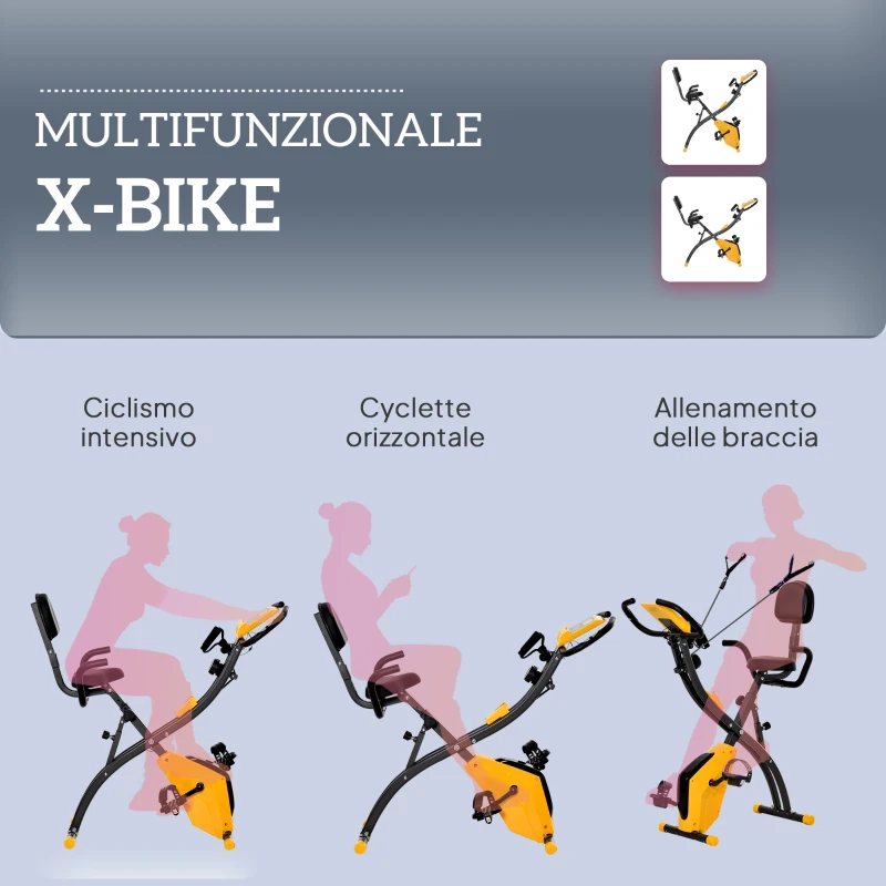 HOMCOM Cyclette Pieghevole con Resistenza Magnetica 8 Livelli, Sensore di Frequenza Cardiaca, Volano 2.5kg, Giallo
