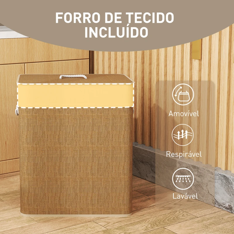 HOMCOM Cesto de Roupa com Tampa 100L de Bambu com 2 Compartimentos Bolsa Interior Amóvivel 52x32x63 cm Marrom e Creme