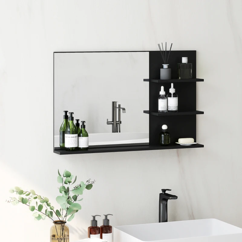 kleankin Specchio Bagno Moderno con 2 Ripiani Laterali e Ripiano Inferiore, in Legno e Vetro, 75x10x48 cm, Nero