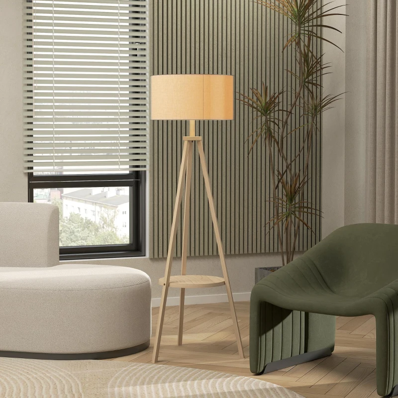 HOMCOM Candeeiro de Pé com Tripé com Estrutura em Madeira e Ecrã Similar ao Linho com Prateleira 48x48x153 cm Madeira e Cinzento