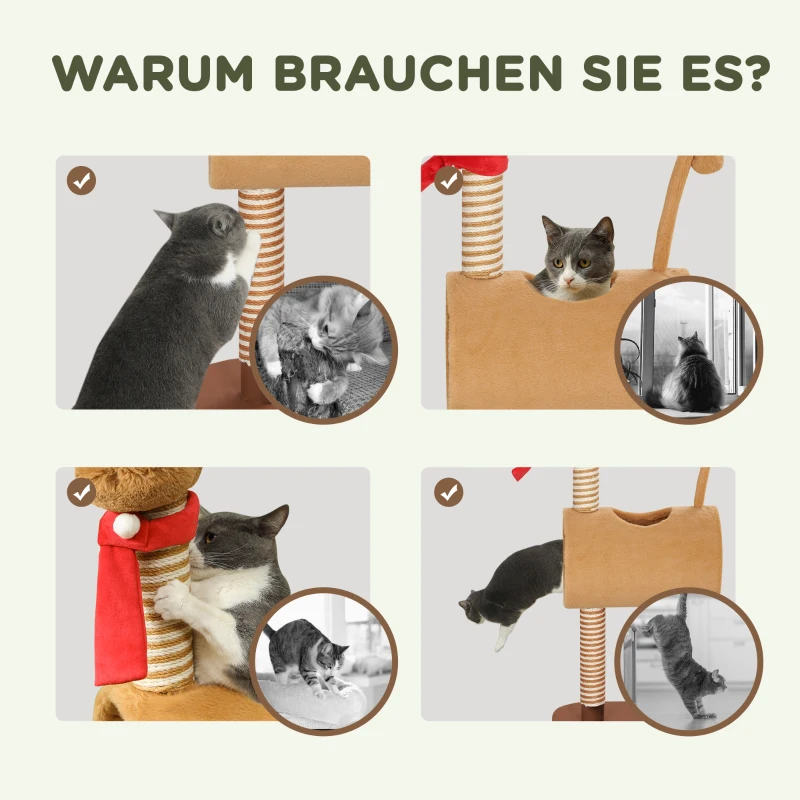 PawHut Krabpaal 98 cm Kattentoren in Hertontwerp met Speelhol, Speelbal, Jutepalen, Bruin
