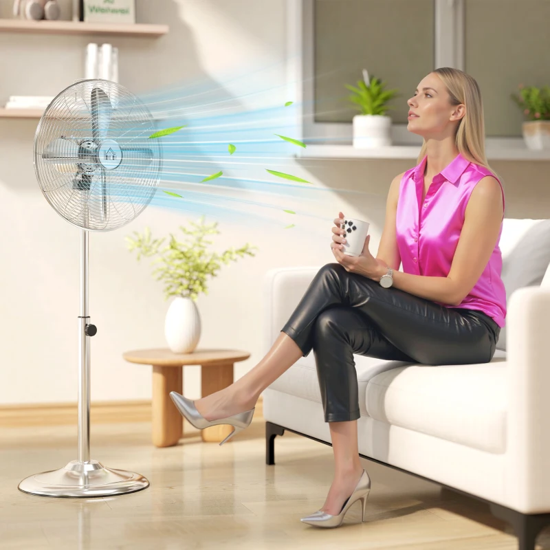 HOMCOM 120 cm Standventilator, Ventilator, Höhenverstellbarer Lüfter, 3 Geschwindigkeitsstufen, Verstellbarer Neigungswinkel, Stahl, Silber