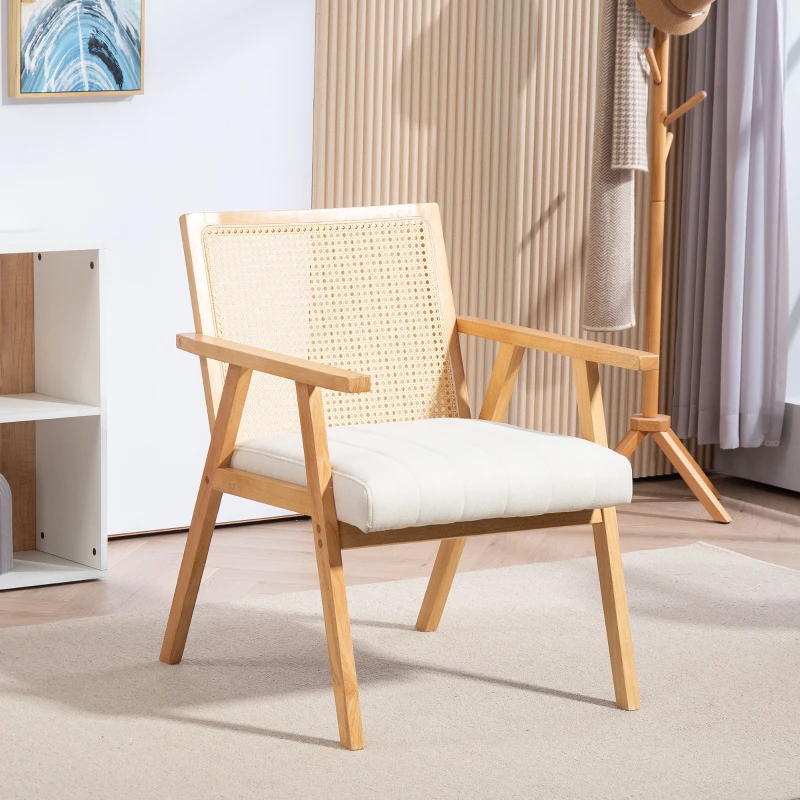 HOMCOM Fauteuil de salon en bois, chaise cannage avec dossier en rotin et coussin rembourré et accoudoirs, bois naturel