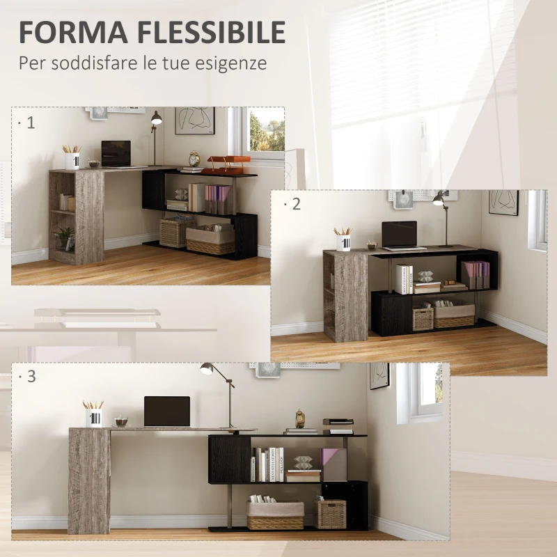 HOMCOM Scrivania Angolare Salvaspazio con Ripiano a S, in Legno, 140x120x78 cm, Grigio effetto Legno