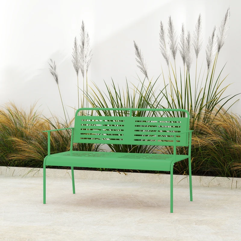 Outsunny Banc de jardin 2 places banc extérieur jardin en acier avec accoudoirs et dossier, pour balcon 121 x 64 x 84 cm, vert
