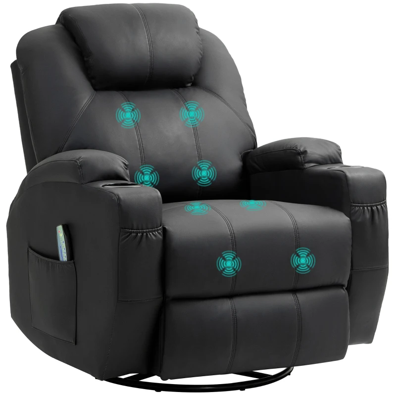 HOMCOM Relaxsessel mit Massagefunktion, neigbare Lehne, drehbar, bis 150 kg, Kunstleder, Schwarz(m-10)