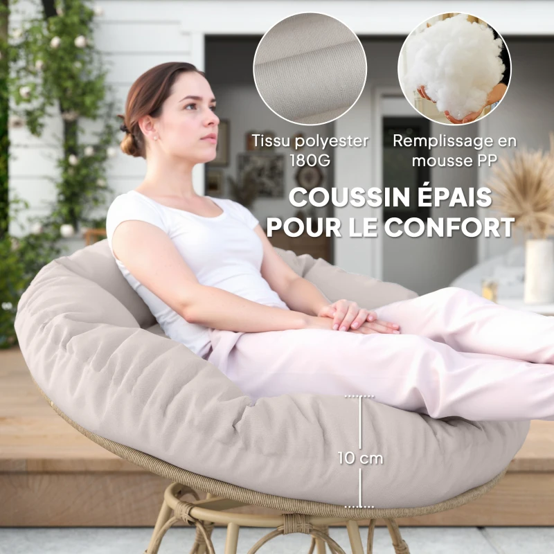 Outsunny Fauteuil papasan en résine effet rotin pivotant à 360° avec coussin rembourré Ø 100 cm, gris clair