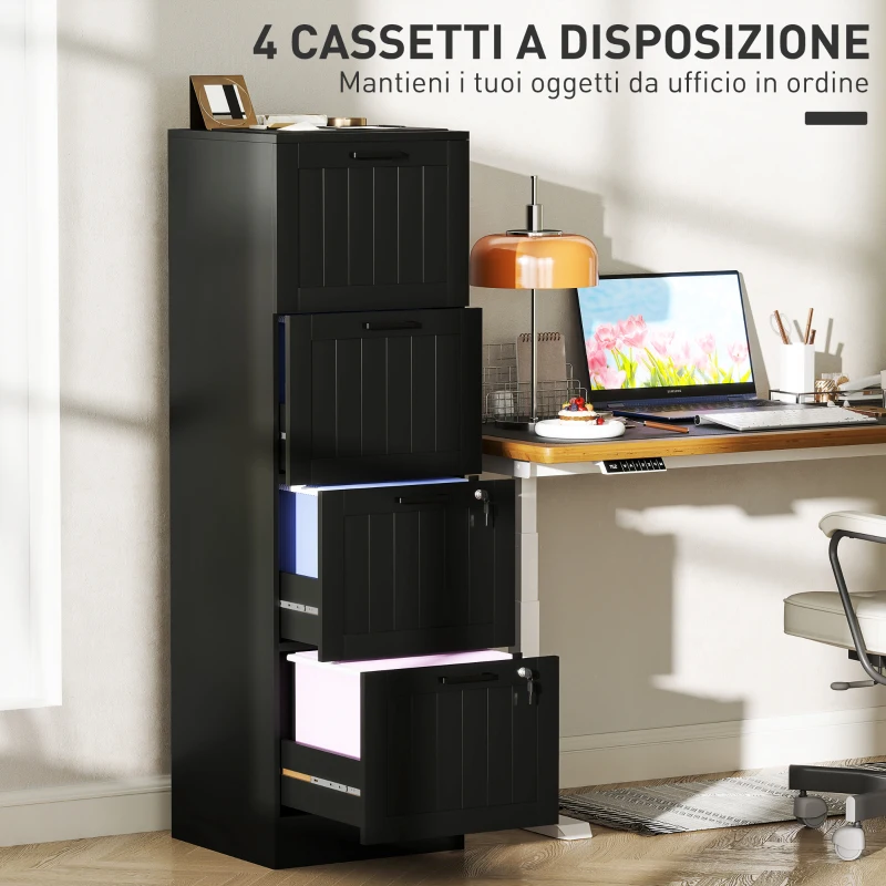 HOMCOM Cassettiera Portadocumenti a 4 Cassetti con Binario Regolabile e 2 Serrature, in Legno, 40x40x131 cm, Nero