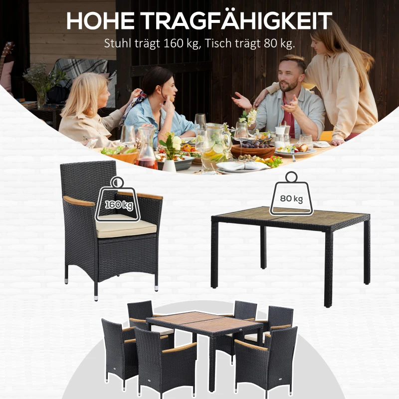 Outsunny Gartenmöbel-Set 6 Personen großer rechteckiger Esstisch + 6 Stühle & waschbare Kissen aus Stahl, PE-Rattan, Akazienholz Schwarz und Beige