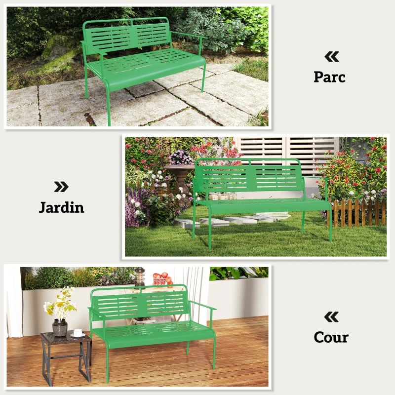 Outsunny Banc de jardin 2 places banc extérieur jardin en acier avec accoudoirs et dossier, pour balcon 121 x 64 x 84 cm, vert