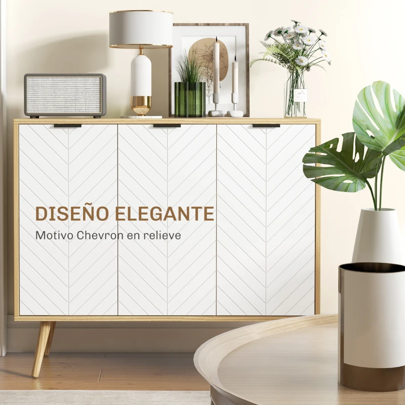 HOMCOM Mueble Buffet Auxiliar con Estantes Ajustables 3 Puertas Carga 50 kg 91,5x35x77,4 cm Blanco y Natural