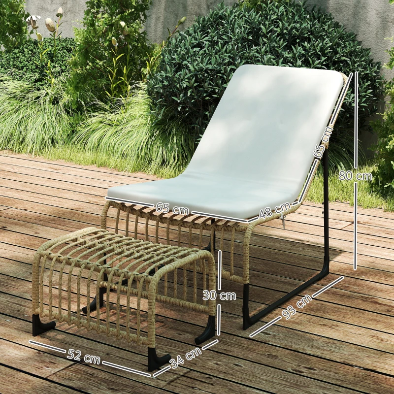 Outsunny Conjunto de Poltrona de Jardim com Apoio para os Pés de Vime Sintético Poltrona para Exterior 65x93x80 cm Madeira e Bege