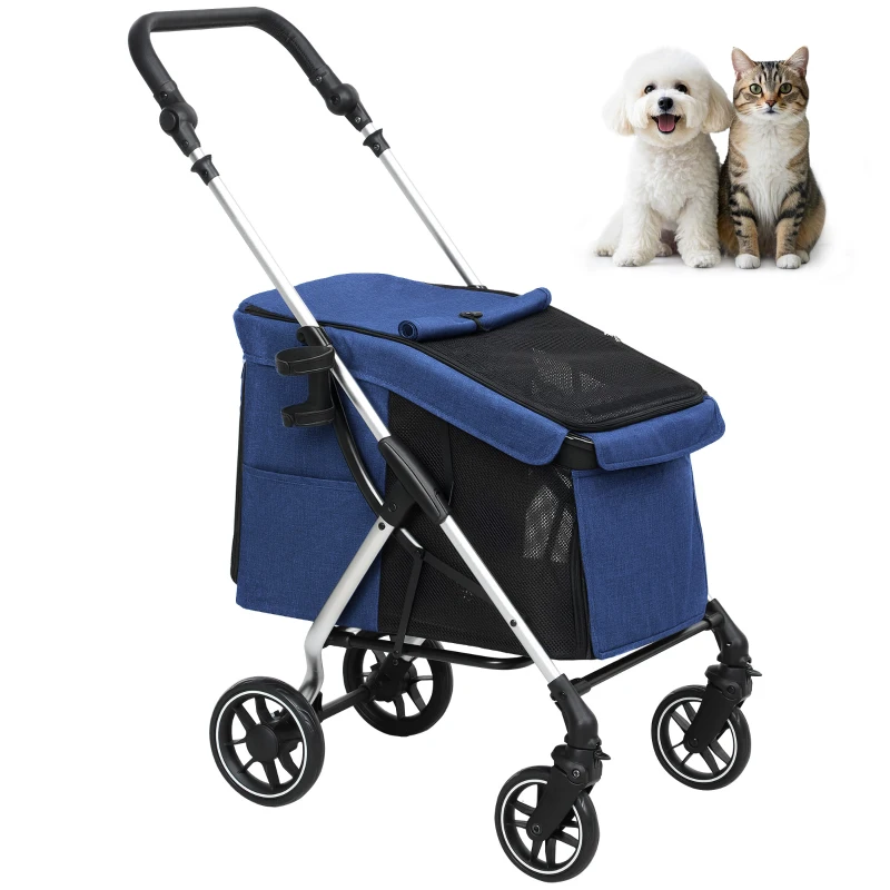 PawHut Hundewagen, Leichter und faltbarer Transportwagen für kleine Hunde, waschbares Kissen, Netzfenster, Dunkelblau(m-10)