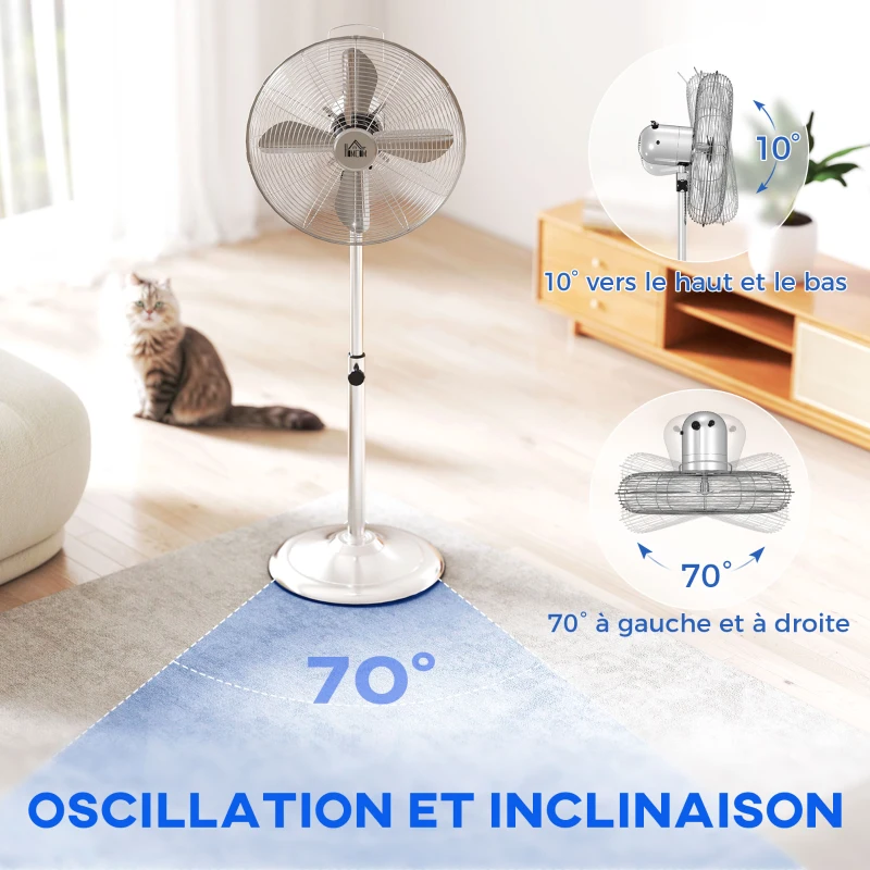 HOMCOM Ventilateur sur pied 50 W réglable en hauteur 87-120 cm, 3 vitesses, oscillation et inclinaison réglables, argent