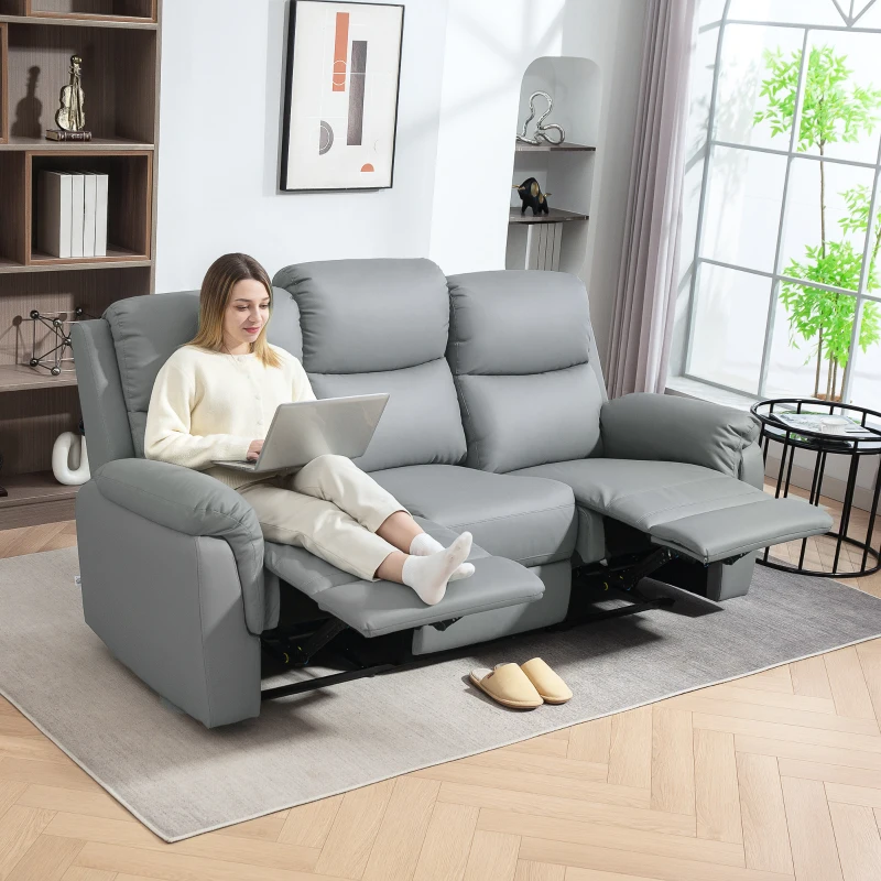 HOMCOM 3-Sitzer-Sofa, linker und rechter Sitz zurücklehnbar, anpassbare Fußstütze, Kunstlederbezug, für Wohnzimmer, Dunkelgrau(m-2)