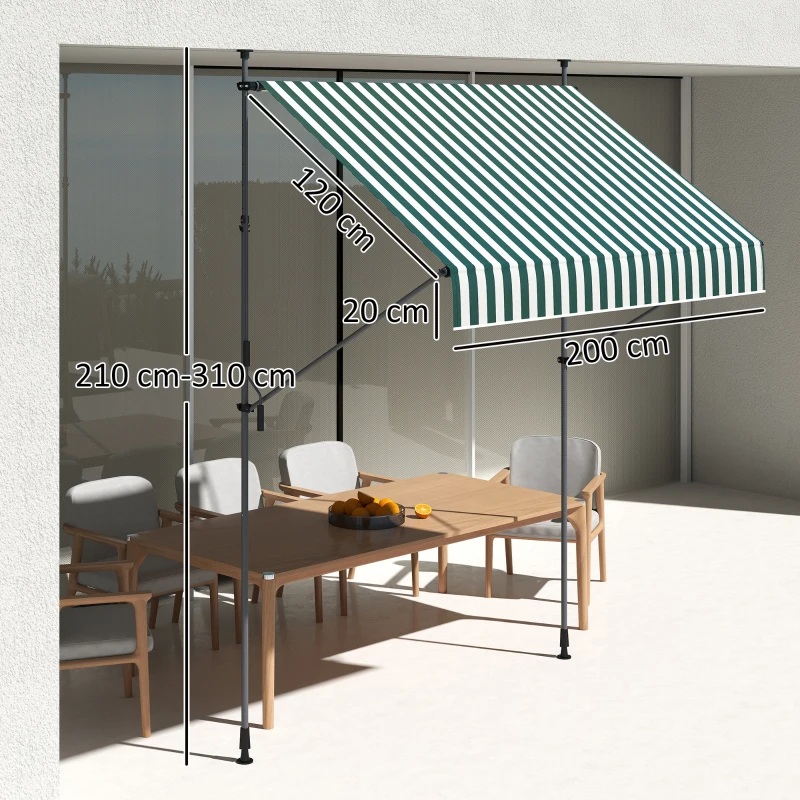 Outsunny Tenda da Sole 2x1.2 m con Supporti Regolabili e Manovella, in Alluminio, Metallo e Poliestere, Verde e Bianco