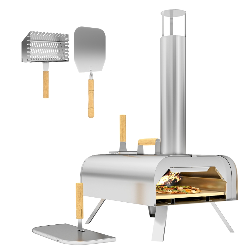 Outsunny Mini Forno a Lenha para Pizza com Pedra Refratária e Pá em Aço Inoxidável com Pés Dobráveis e Pegas 79x36x75 cm Prata