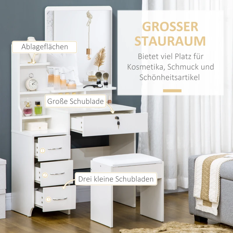 HOMCOM Schminktisch-Set inklusive Hocker, 4 Schubladen, 1 Spiegel, Weiß
