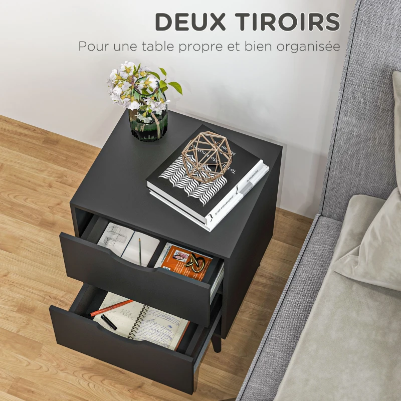 HOMCOM Table de chevet table de nuit avec 2 tiroirs, style scandinave pour chambre à coucher, salon, 40 x 35 x 50,5 cm, Noir