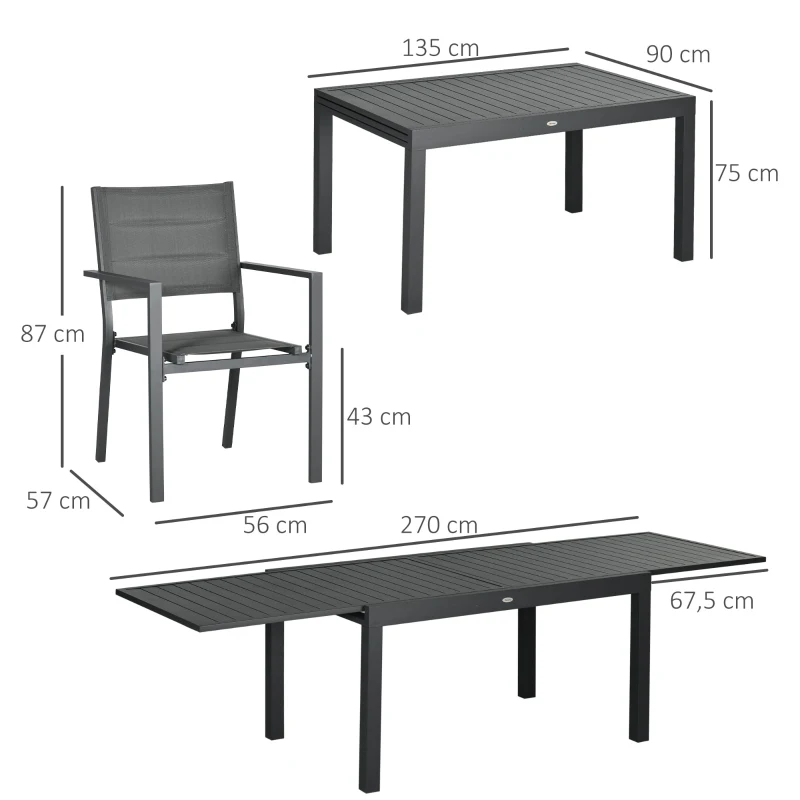 Outsunny Salon de jardin table extensible 135-270 cm en aluminium et textilène 6/10 personnes 8 chaises empilables gris