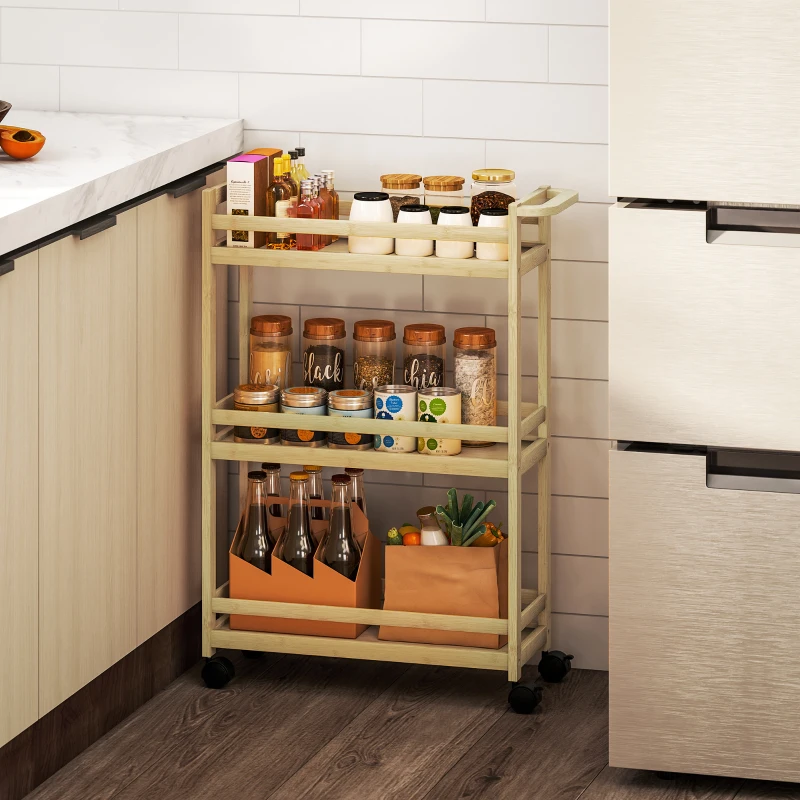 HOMCOM Estantería de Baño de Bambú de 3 Niveles Carrito Auxiliar de Almacenaje con Ruedas 55x20x75 cm Natural