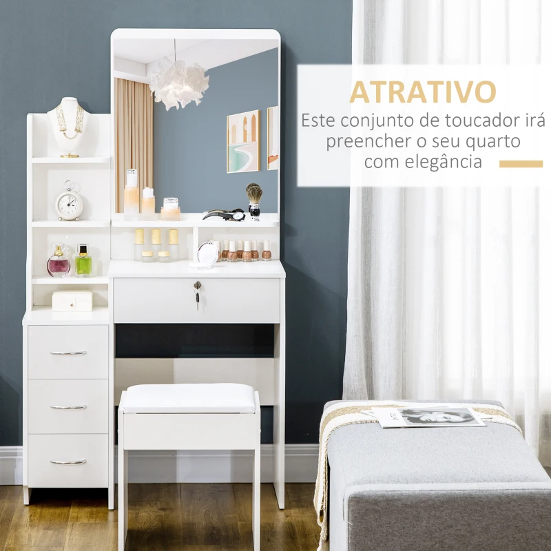 HOMCOM Toucador de Maquilhagem com Banco Espelho 4 Gavetas 4 Compartimentos de Armazenamento Estilo Moderno 80x38x143cm Branco