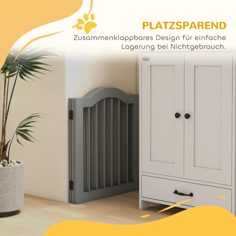 PawHut Absperrgitter Hund 3-teilig, 154,5 x 61 cm Faltbar Hundegitter mit Tür, 2 Stützfüßen Hellgrau(m-5)