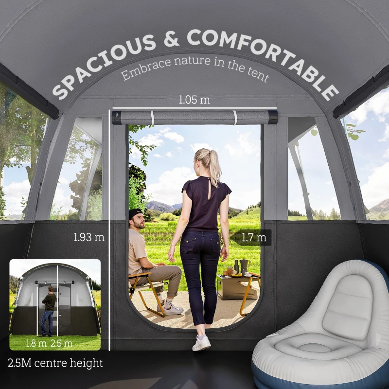 Outsunny 8-Person Camping Tent, 3000mm Waterproof Family Tent w/ Bedroom, Living Room, Porch and Sewn-in Groundsheet, Tunnel Design, 4 Large Windows, Top Hook, Portable with Carry Bag, Dark Grey
