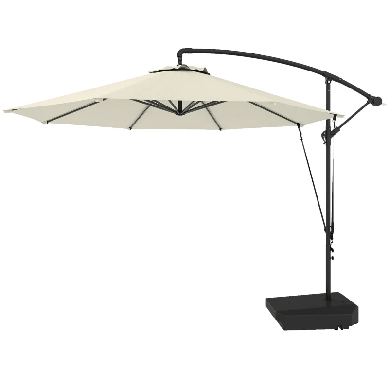Outsunny 3(m) Garden Cantilever Parasol with Fillable Base up to 90kg, Wind Protection Strap, Cover, Round Banana Hanging Umbrella with Crank Handle and Tilt, UPF50+ Patio Umbrella, Cream