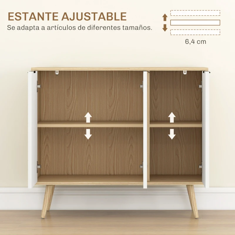 HOMCOM Mueble Buffet Auxiliar con Estantes Ajustables 3 Puertas Carga 50 kg 91,5x35x77,4 cm Blanco y Natural