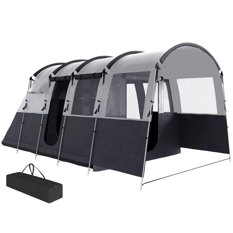 Outsunny 8-Person Camping Tent, 3000mm Waterproof Family Tent w/ Bedroom, Living Room, Porch and Sewn-in Groundsheet, Tunnel Design, 4 Large Windows, Top Hook, Portable with Carry Bag, Dark Grey