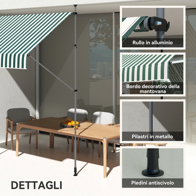 Outsunny Tenda da Sole 2x1.2 m con Supporti Regolabili e Manovella, in Alluminio, Metallo e Poliestere, Verde e Bianco