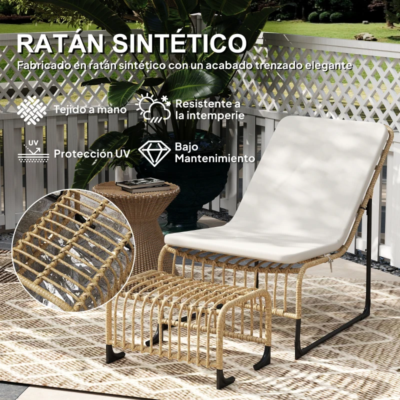 Outsunny Sillón de Exterior con Reposapiés, Cojín Acolchado y Estructura de Acero con Ratán Sintético Duradero 93x65x80 cm Beige