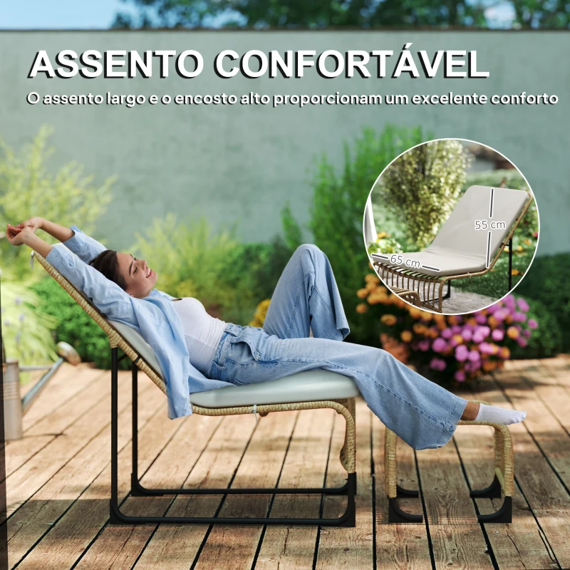 Outsunny Conjunto de Poltrona de Jardim com Apoio para os Pés de Vime Sintético Poltrona para Exterior 65x93x80 cm Madeira e Bege