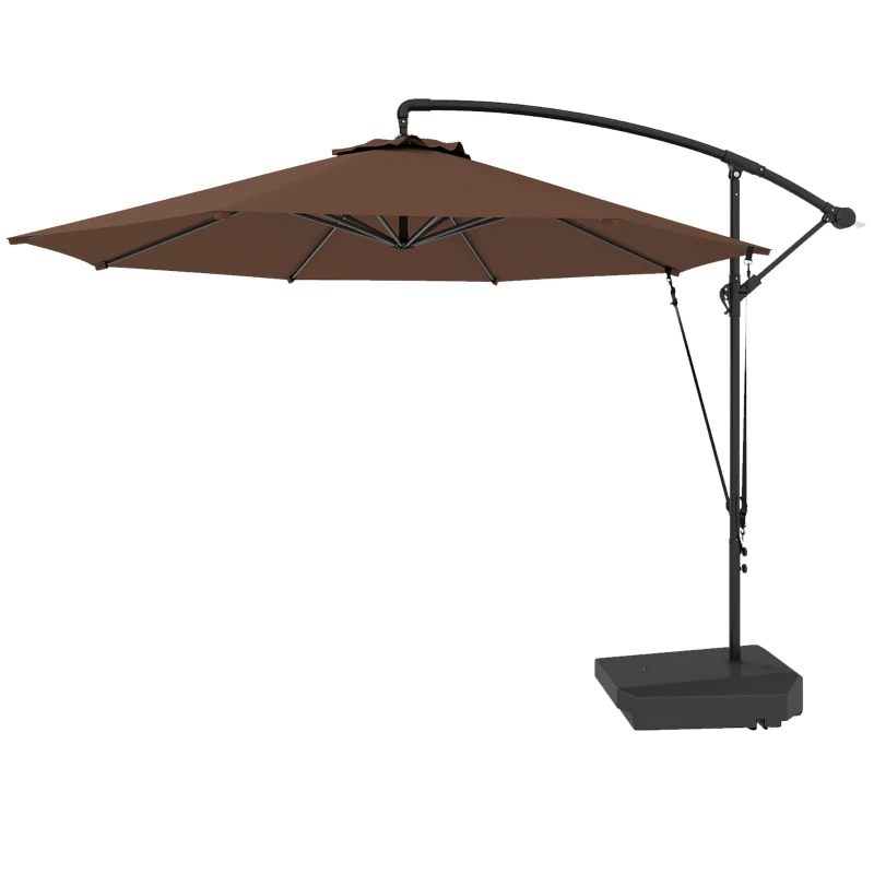Outsunny 3(m) Garden Cantilever Parasol with Fillable Base up to 90kg, Wind Protection Strap, Cover, Round Banana Hanging Umbrella with Crank Handle and Tilt, UPF50+ Patio Umbrella, Brown