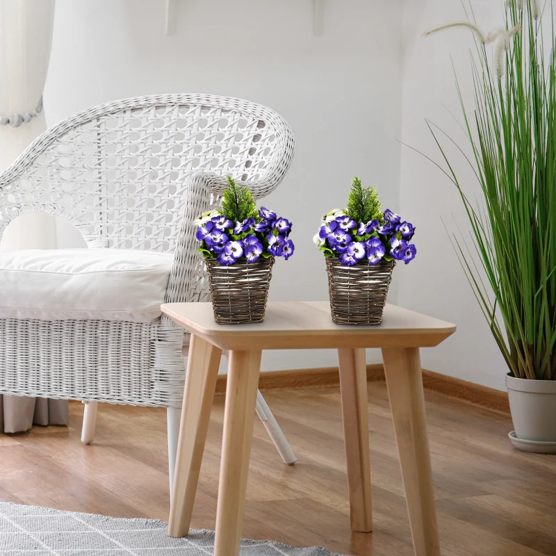 Outsunny 2 Pieces Artificial Phalaenopsis Decorative Plant with Straw Plaiting Pot, Fake Flower, 45cm, White Purple